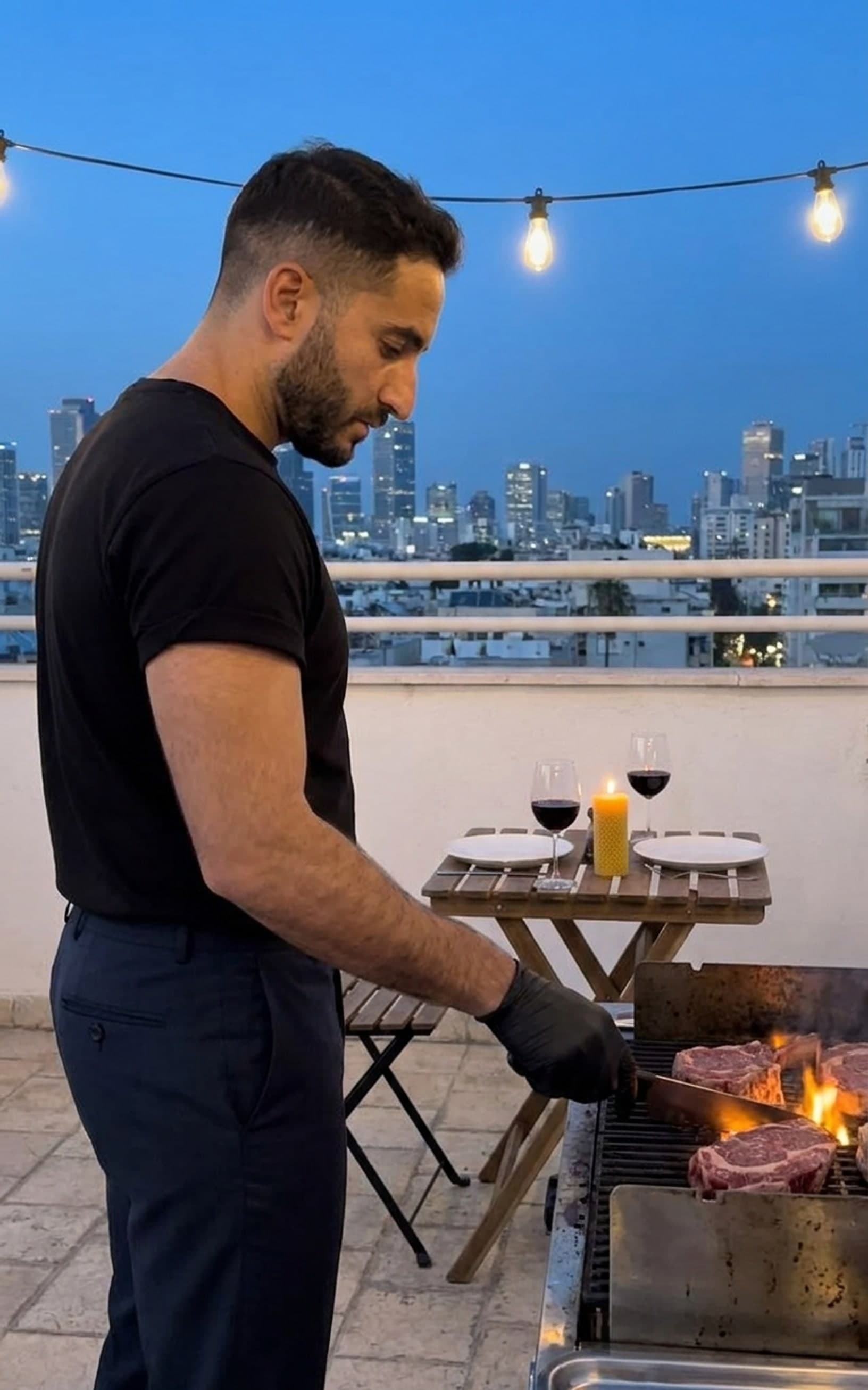 fire dinner on a garden terrace