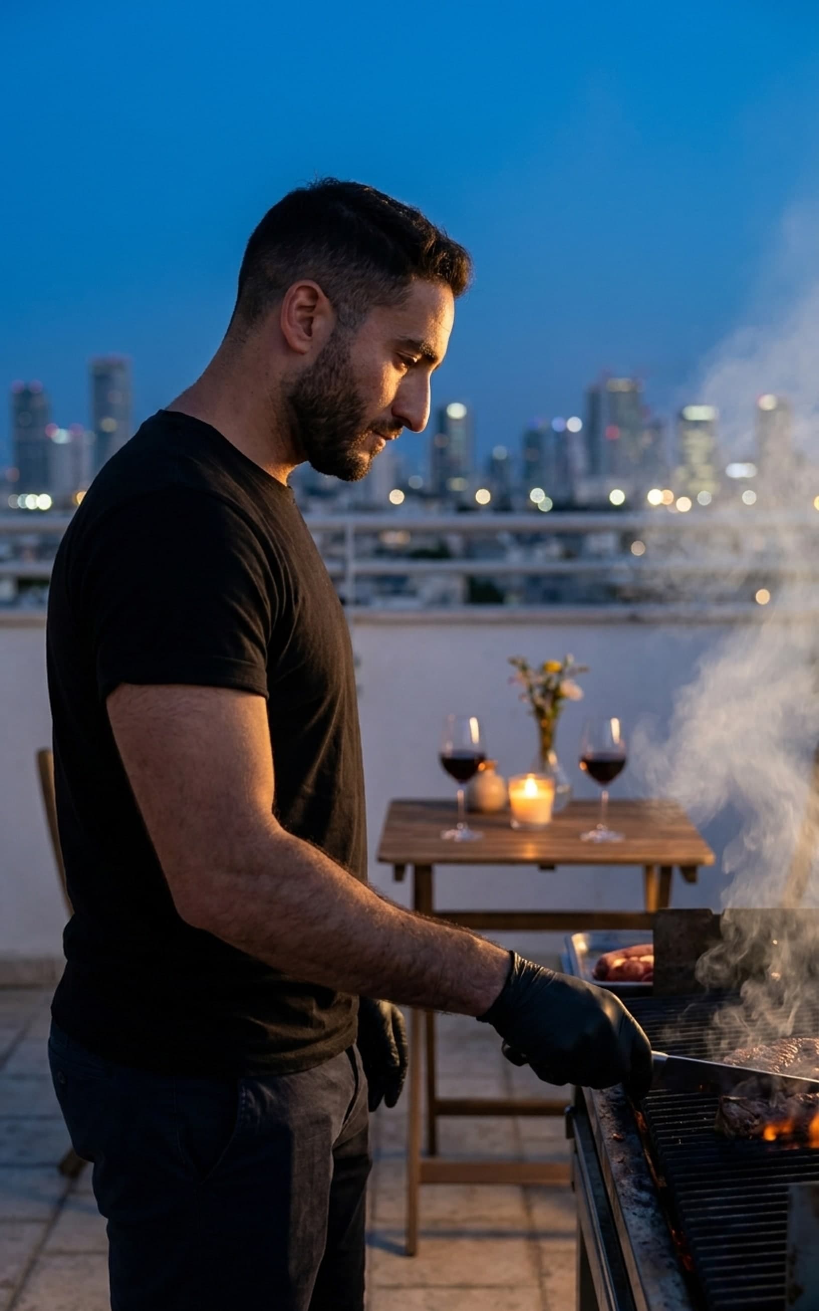 grilling at blue hour over the Tel Aviv skyline