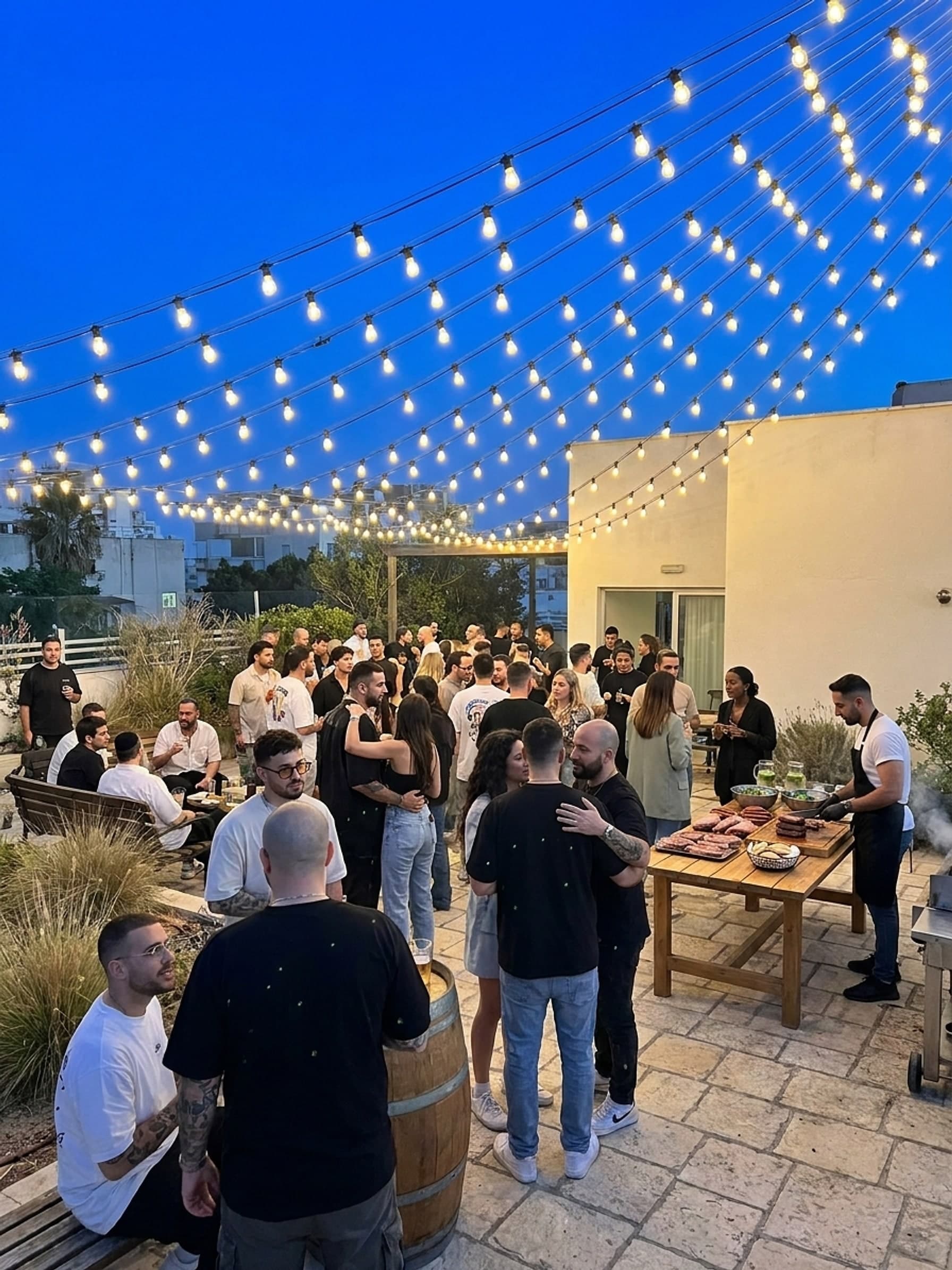 rooftop party under string lights